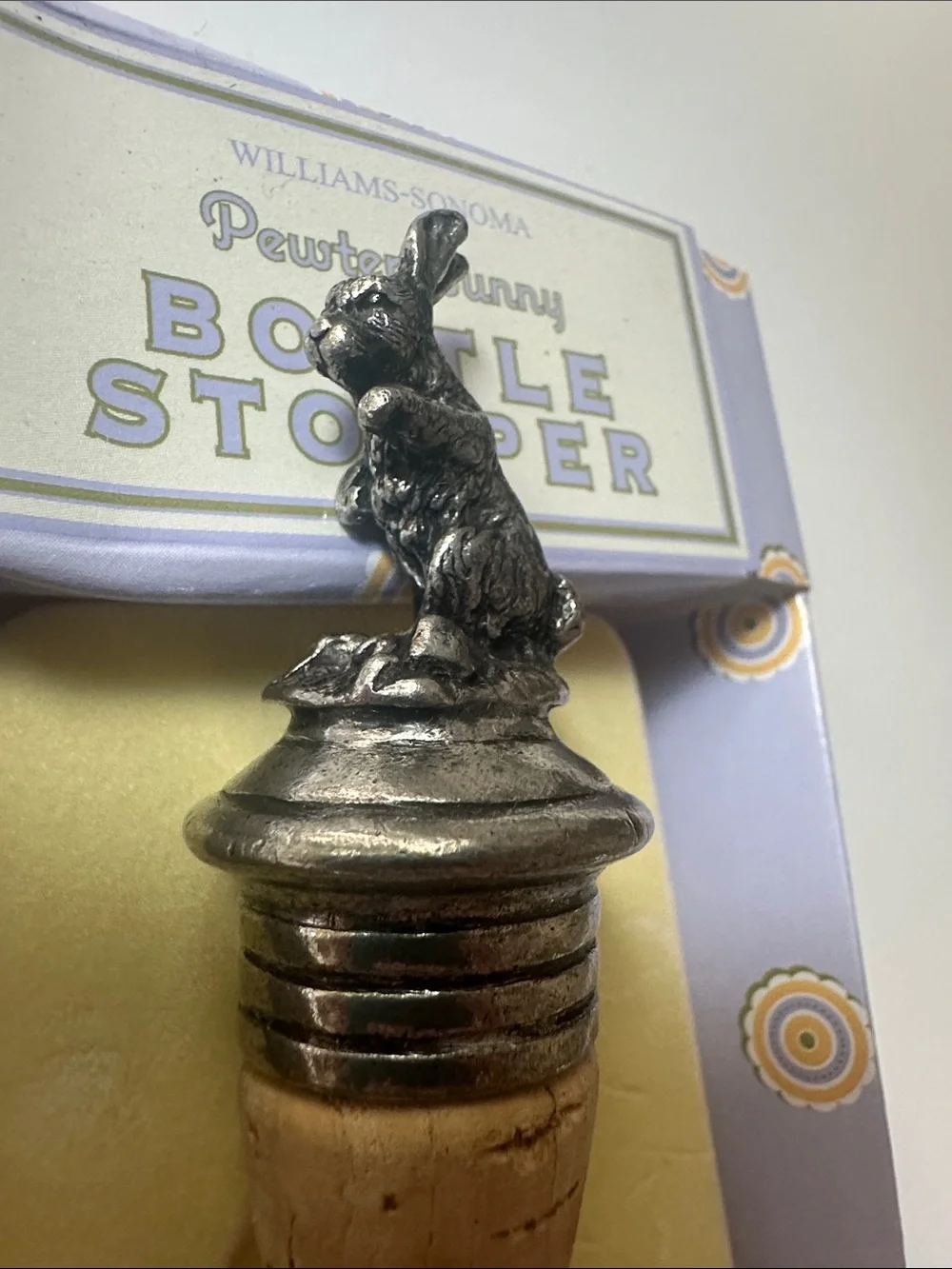 Vintage new Williams-Sonoma Silver Pewter Bunny Bottle Stopper with Natural Cork